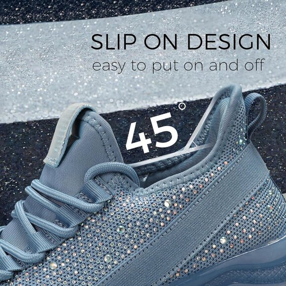 Women's Blue Rhinestone Mesh Slip On Walking Breathable Glitter Sneaker Shoes - Picture 8 of 9